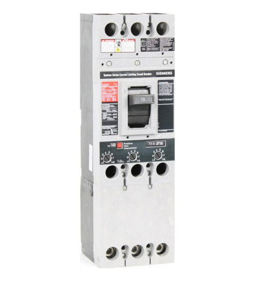 CFD63B070L - LOW VOLTAGE SENTRON MOLDED CASE CIRCUIT BREAKER WITH THERMAL - MAGNETIC TRIP UNIT. STANDARD 40 DEG C BREAKER FD FRAME WITH CURRENT LIMITING BREAKING CAPACITY. MEETS UL 489 / IEC 60947-2 STANDARDS. 70A 3-POLE BREAKER (100KAIC AT 600V) (200KAIC AT 480V). SPECIAL FEATURES: LINE AND LOAD SIDE LUGS (TA1FD350A) WIRE RANGE: 6AWG - 350KCM (CU) / 4AWG - 350KCM (AL). DIMENSIONS (W x H x D) IN: 4.5 x 14.25 x 4. - Siemens