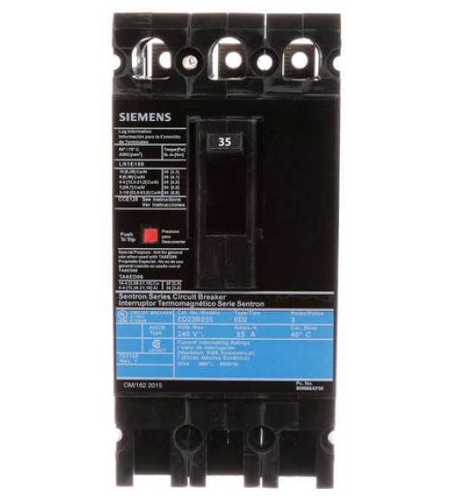 ED23B035 - LOW VOLTAGE ENCLOSED SENTRON MOLDED CASE CIRCUIT BREAKER (ASSEMBLED) WITH THERMAL - MAGNETIC TRIP UNIT. 35A 3-POLE 240V STANDARD 40 DEG C BREAKER ED FRAME WITH STANDARD BREAKING CAPACITY (ED23B035). NON-INTERCHANGEABLE TRIP UNIT. NEMA TYPE 4X STAINLESS STEEL ENCLOSURE (ED6SS4) WITH NEUTRAL (W53045). INCLUDES LINE AND LOAD SIDE LUGS (LN1E100) WIRE RANGE 10 - 1/0AWG (CU/AL). ENCLOSURE DIMENSIONS (W x H x D) IN: 16.00 x 20.00 x 6.00. - Siemens
