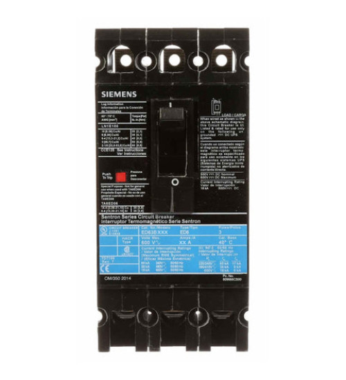 ED63B070 - LOW VOLTAGE SENTRON MOLDED CASE CIRCUIT BREAKER WITH THERMAL - MAGNETIC TRIP UNIT. STANDARD 40 DEG C BREAKER ED FRAME WITH STANDARD BREAKING CAPACITY. MEETS UL 489 / IEC 60947-2 STANDARDS. 70A 3-POLE BREAKER (18KAIC AT 600V) (25KAIC AT 480V). SPECIAL FEATURES: LOAD LUGS ONLY (LN1E100) WIRE RANGE: 10 - 1/0AWG (CU/AL). DIMENSIONS (W x H x D) IN: 3 x 6.35 x 3.92. - Siemens