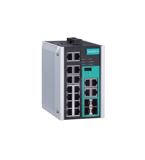 EDS-518E-4GTXSFP-T, Managed Gigabit Ethernet switch with 14 10/100BaseT(X) ports, 4 10/100/1000BaseT(X) or 100/1000BaseSFP ports, -40 to 75°C operating temperature