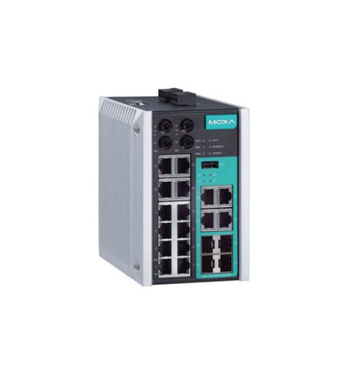EDS-518E-MM-ST-4GTXSFP-T, Managed Gigabit Ethernet switch with 12 10/100BaseT(X) ports, 4 10/100/1000BaseT(X) or 100/1000BaseSFP ports, 2 100BaseFX multi-mode ports with ST connectors, -40 to 75°C operating temperature