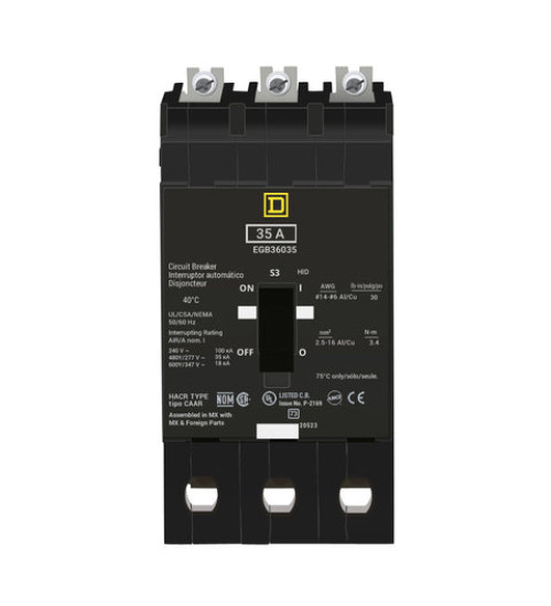 Square D EGB36035 - Mini circuit breaker, E - Frame, 35A, 3 pole, 600Y/347VAC, 65kA max, bolt on | Schneider Electric