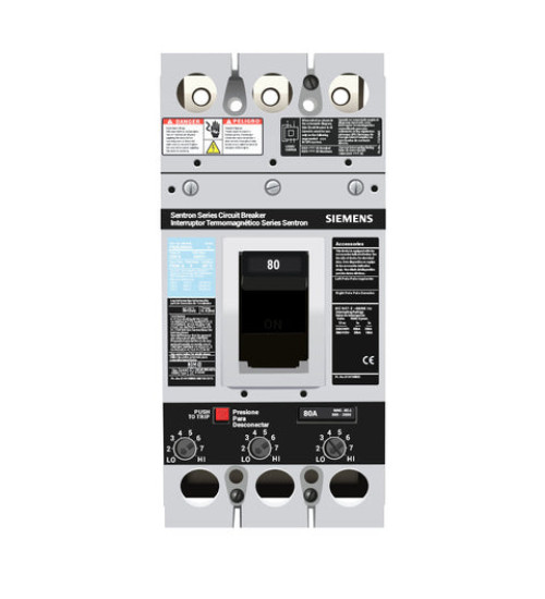FXD63B080 - LOW VOLTAGE SENTRON MOLDED CASE CIRCUIT BREAKER WITH THERMAL - MAGNETIC TRIP UNIT. STANDARD 40 DEG C BREAKER FD FRAME WITH STANDARD BREAKING CAPACITY AND NON INTERCHANGEABLE TRIP. MEETS UL 489 / IEC 60947-2 STANDARDS. 80A 3-POLE BREAKER (22KAIC AT 600V) (35KAIC AT 480V). SPECIAL FEATURES: NO LUGS INSTALLED. DIMENSIONS (W x H x D) IN: 4.5 x 9.5 x 4. - Siemens