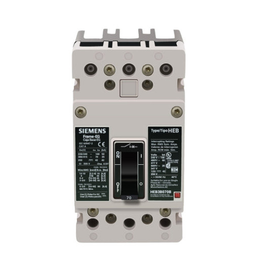 HEB3B070B - LOW VOLTAGE PANELBOARD MOUNT EG FRAME CIRCUIT BREAKER WITH THERMAL - MAGNETIC TRIP UNIT. UL LISTED HEB FRAME WITH HIGH BREAKING CAPACITY. 70A 3-POLE (25KAIC AT 600Y/347V) (65KAIC AT 480V). SPECIAL FEATURES: LOAD SIDE LUGS ONLY (TA1EG10) WIRE RANGE: 8 - 1/0 AWS (CU/AL). DIMENSIONS (W x H x D) IN: 3 x 5.5 x 3. - Siemens
