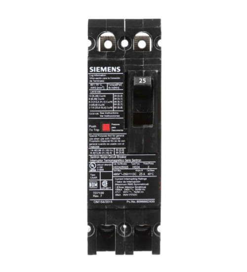 HED42B025 - LOW VOLTAGE ENCLOSED SENTRON MOLDED CASE CIRCUIT BREAKER (ASSEMBLED) WITH THERMAL - MAGNETIC TRIP UNIT. 25A 2-POLE 480V STANDARD 40 DEG C BREAKER ED FRAME WITH HIGH BREAKING CAPACITY (HED42B025). NON-INTERCHANGEABLE TRIP UNIT. NEMA TYPE 12 ENCLOSURE (E2N12) WITH NEUTRAL (W53045). INCLUDES LINE AND LOAD SIDE LUGS (SA1E025) WIRE RANGE 14 - 10AWG (CU) / 12 - 10AWG (AL). ENCLOSURE DIMENSIONS (W x H x D) IN: 8.34 x 18.63 x 7.06. - Siemens