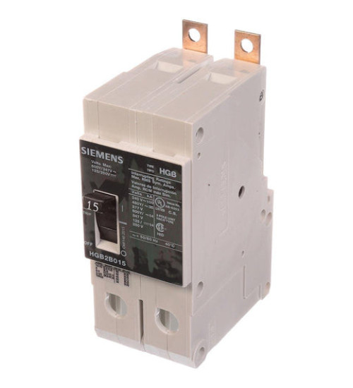 HGB2B015B - LOW VOLTAGE PANELBOARD MOUNT G FRAME CIRCUIT BREAKER WITH THERMAL - MAGNETIC TRIP UNIT. UL LISTED HGB FRAME WITH HIGH BREAKING CAPACITY. 15A 2-POLE (14KAIC AT 600Y/347V) (35KAIC AT 480Y/277V). SPECIAL FEATURES: LOAD SIDE LUGS ONLY (TC1Q1) WIRE RANGE: 14 - 10 AWS (CU/AL). DIMENSIONS (W x H x D) IN: 2 x 5.4 x 2.8. - Siemens