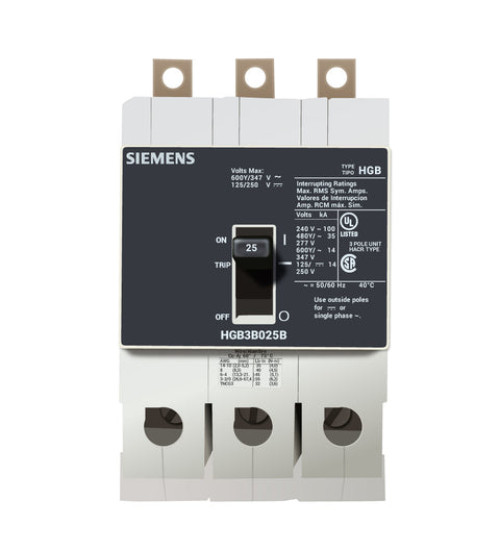 HGB3B025B - LOW VOLTAGE PANELBOARD MOUNT G FRAME CIRCUIT BREAKER WITH THERMAL - MAGNETIC TRIP UNIT. UL LISTED HGB FRAME WITH HIGH BREAKING CAPACITY. 25A 3-POLE (14KAIC AT 600Y/347V) (35KAIC AT 480Y/277V). SPECIAL FEATURES: LOAD SIDE LUGS ONLY (TC1Q1) WIRE RANGE: 14 - 10 AWS (CU/AL). DIMENSIONS (W x H x D) IN: 3 x 5.4 x 2.8. - Siemens