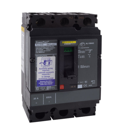 Square D HJL36030AA - Circuit breaker, PowerPacT H, 30A, 3 pole, 600VAC, 25kA, lugs, thermal magnetic, 80%, aux switch | Schneider Electric