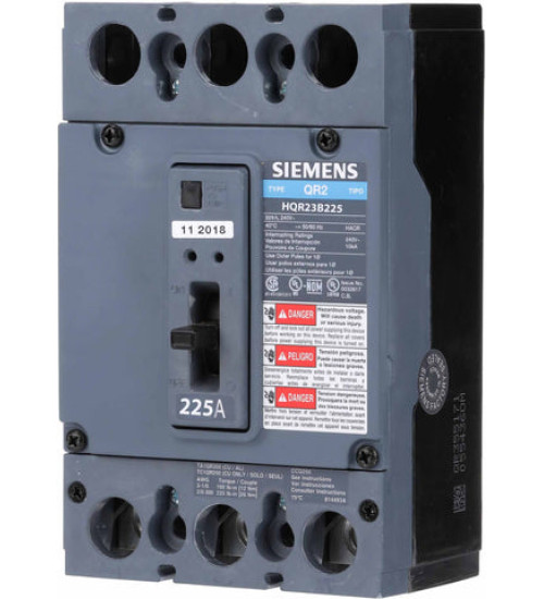 HQR23B225 - LOW VOLTAGE MOLDED CASE CIRCUIT BREAKER WITH THERMAL - MAGNETIC TRIP. QR FRAME STANDARD 40C BREAKER. 225A 3-POLE (65KA AT 240V). SPECIAL FEATURES: NO LUGS INSTALLED. - Siemens