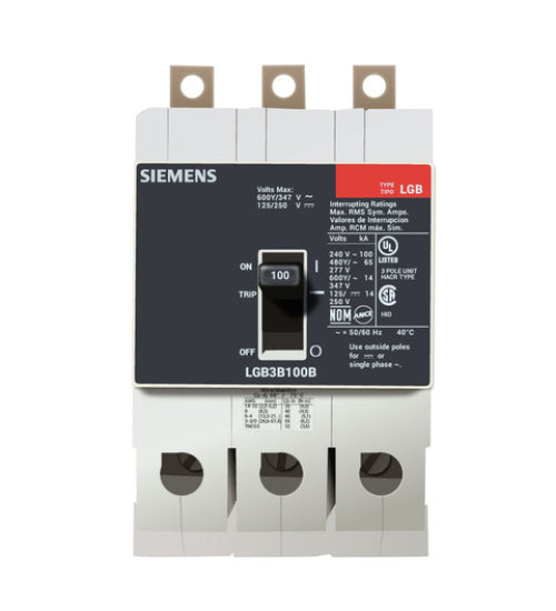 LGB3B100B - LOW VOLTAGE PANELBOARD MOUNT G FRAME CIRCUIT BREAKER WITH THERMAL - MAGNETIC TRIP UNIT. UL LISTED LGB FRAME WITH VERY HIGH BREAKING CAPACITY. 100A 3-POLE (14KAIC AT 600Y/347V) (65KAIC AT 480Y/277V). SPECIAL FEATURES: LOAD SIDE LUGS ONLY (TC1GG20) WIRE RANGE: 8 - 1/0 AWS (CU/AL). DIMENSIONS (W x H x D) IN: 3 x 5.4 x 2.8. - Siemens
