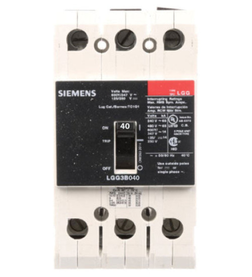 LGG3B040L - LOW VOLTAGE G FRAME CIRCUIT BREAKER WITH THERMAL - MAGNETIC TRIP UNIT. UL LISTED LGG FRAME WITH VERY HIGH BREAKING CAPACITY. 40A 3-POLE (14KAIC AT 600Y/347V) (65KAIC AT 480V). SPECIAL FEATURES: LINE AND LOAD SIDE LUGS (TC1GG20) WIRE RANGE: 8 - 1/0 AWS (CU/AL). DIMENSIONS (W x H x D) IN: 3 x 5.4 x 2.8. - Siemens