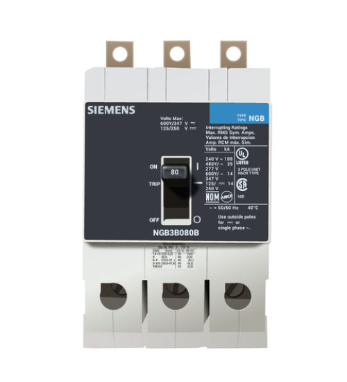 NGB3B080B - LOW VOLTAGE PANELBOARD MOUNT G FRAME CIRCUIT BREAKER WITH THERMAL - MAGNETIC TRIP UNIT. UL LISTED NGB FRAME WITH STANDARD BREAKING CAPACITY. 80A 3-POLE (14KAIC AT 600Y/347V) (25KAIC AT 480Y/277V). SPECIAL FEATURES: LOAD SIDE LUGS ONLY (TC1GG20) WIRE RANGE: 8 - 1/0 AWS (CU/AL). DIMENSIONS (W x H x D) IN: 3 x 5.4 x 2.8. - Siemens