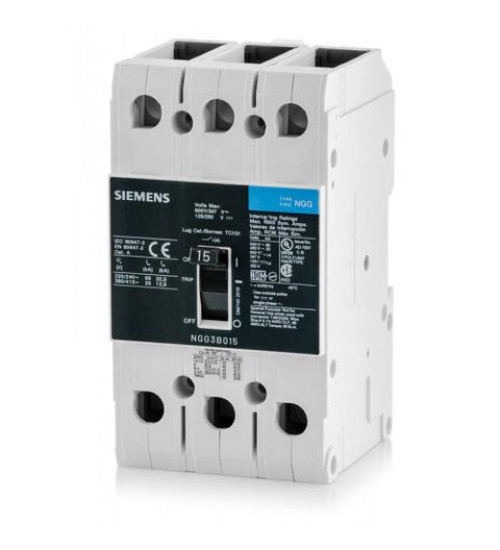 NGG3B015L - LOW VOLTAGE G FRAME CIRCUIT BREAKER WITH THERMAL - MAGNETIC TRIP UNIT. UL LISTED NGG FRAME WITH STANDARD BREAKING CAPACITY. 15A 3-POLE (14KAIC AT 600Y/347V) (25KAIC AT 480V). SPECIAL FEATURES: LINE AND LOAD SIDE LUGS (TC1Q1) WIRE RANGE: 14 - 10 AWS (CU/AL). DIMENSIONS (W x H x D) IN: 3 x 5.4 x 2.8. - Siemens
