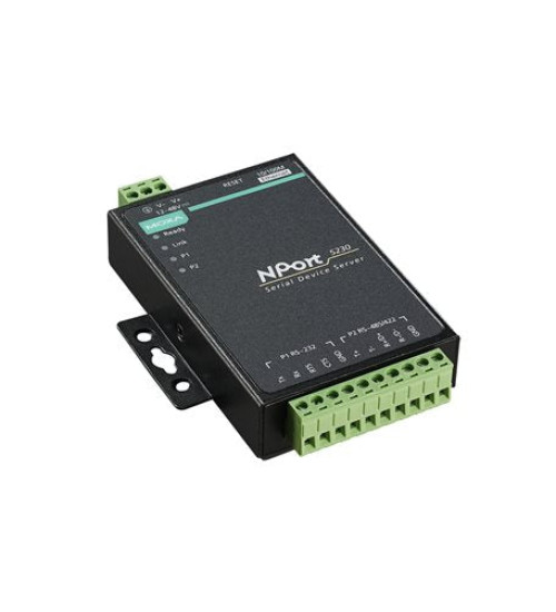 NPort 5230-T, 2-port device server with 1 RS-232 port and 1 RS-422/485 port, -40 to 75°C operating temperature