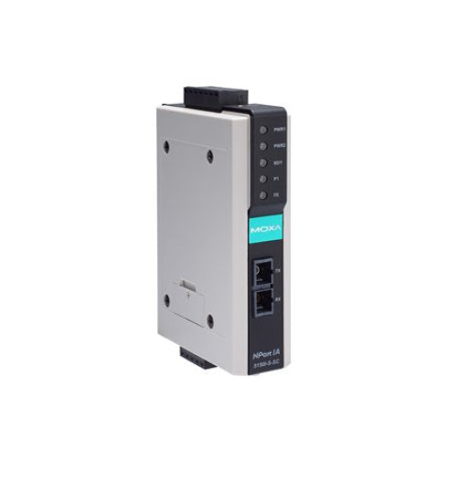 NPort IA-5150I-M-SC-T, 1-port RS-232/422/485 device server with 1 100BaseF(X) multi-mode fiber port (SC connectors) and 2 kV optical isolation, -40 to 75°C operating temperature