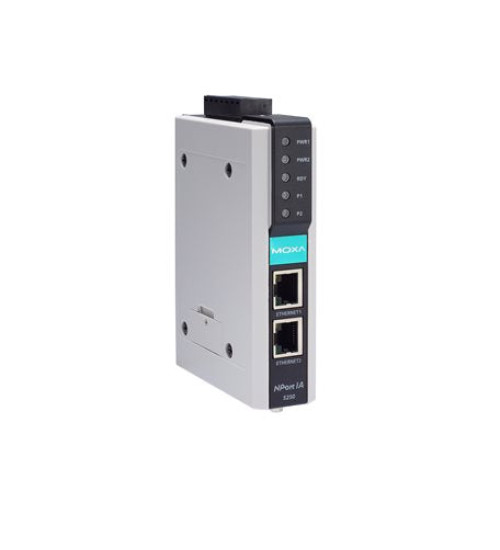 NPort IA-5250-T, 2-port RS-232/422/485 device server with 2 10/100BaseT(X) ports (RJ45 connectors, single IP), -40 to 75°C operating temperature
