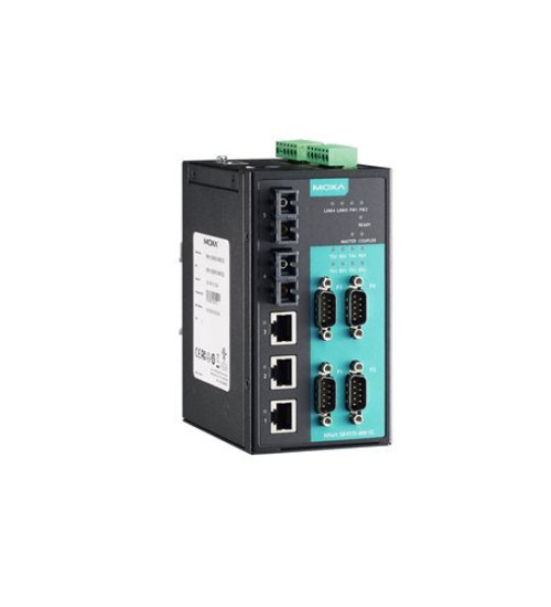 NPort S8455I-SS-SC-T, 4 RS-232/422/485 ports, 3 10/100BaseT(X) ports, 2 100M single-mode fiber ports with SC connector, 15 KV ESD, 12 to 48 VDC, -40 to 75°C operating temperature