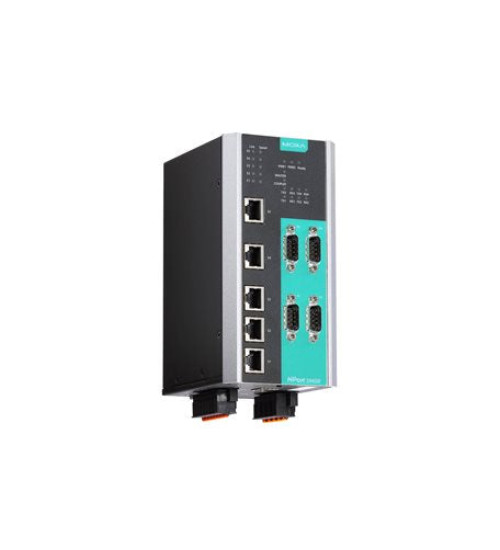 NPort S9450I-HV-T, 4-port RS-232/422/485 rugged device server, 5 10/100BaseT(X) ports, 88 to 300 VDC or 85 to 264 VAC, -40 to 85°C operating temperature