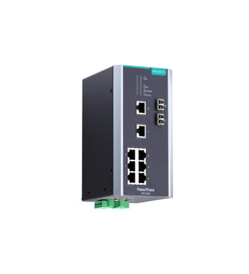 PT-510-MM-LC-HV, IEC 61850-3 managed DIN-rail Ethernet switch, with 8 10/100BaseT(X) ports and 2 100BaseFX multi-mode ports with LC connectors, 1 isolated power supply (88 to 300 VDC or 85 to 264 VAC), -40 to 85°C operating temperature
