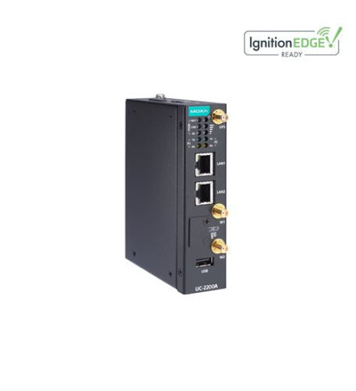UC-2222A-T-AP, Arm® Cortex®-A53 dual-core 64-bit 1-GHz industrial computer with 2 Ethernet ports, 2 RS-232/422/485 serial ports, 1 USB 2.0 port, 1 mPCIe expansion slot with LTE Cat. 4 module for the Asia-Pacific region preinstalled, 12 to 24 VDC, TPM v2.0 module, Moxa Industrial Linux (Debian 11, kernel 5.10), -40 to 70°C operating temperature