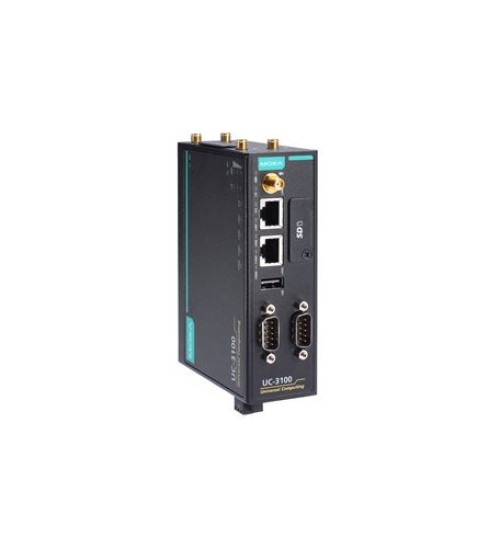 UC-3121-T-EU-LX, Arm-based computer for the EU region with built-in LTE Cat. 1 and Wi-Fi a/b/g/n modules, 1 GHz processor, 1 GB RAM, 8 GB eMMC, 2 Ethernet ports, 1 serial port, 1 CAN port, 1 USB port, 1 SD slot, -40 to 70°C operating temperature